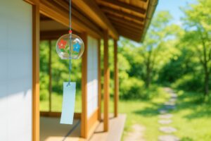 日本家屋の軒下に揺れる風鈴