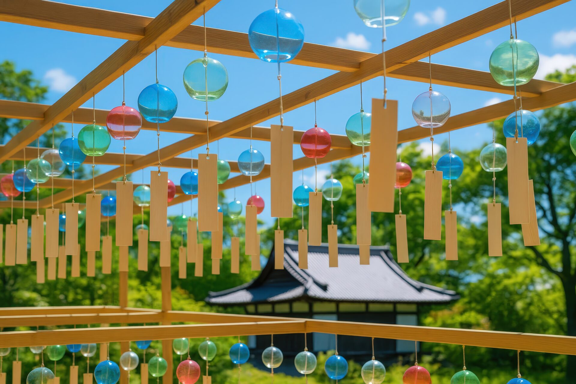 カラフルな風鈴が吊るされた寺院の境内
