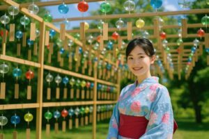 風鈴回廊の前で微笑む浴衣の若い女性