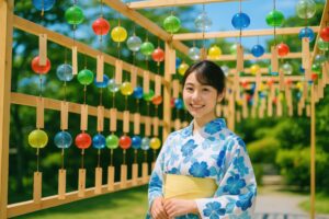 風鈴飾りの前で笑顔を見せる浴衣の若い女性