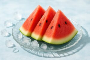 氷と一緒に盛り付けられたカットスイカ