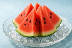 透明皿に並べられたカットスイカとたっぷりの氷