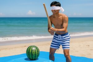海辺でスイカ割りを楽しむ男性