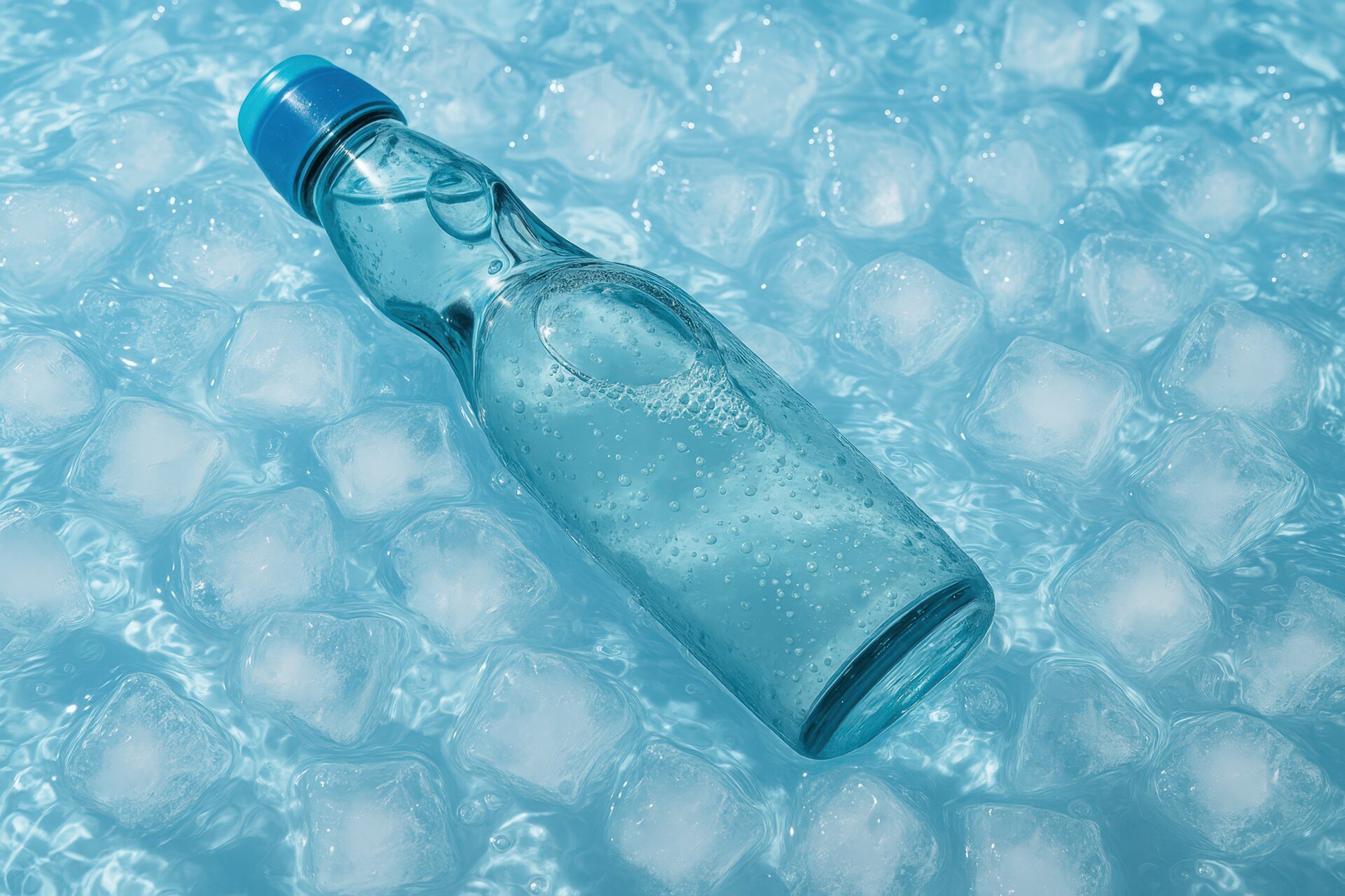氷と水に浮かぶ冷えたラムネ瓶