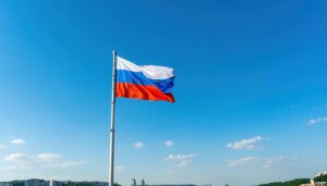 ロシア国旗が都市の上に掲げられている