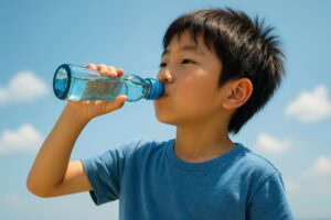 夏空の中でラムネを飲むTシャツ姿の男の子