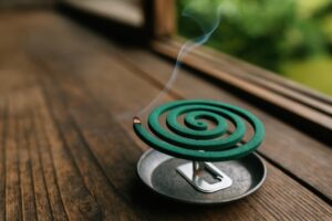 縁側に置かれた煙を立てる蚊取り線香