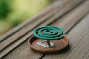 木の縁台に置かれた蚊取り線香と夏の風景