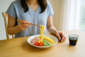 室内で冷やし中華を食べる女性の手元