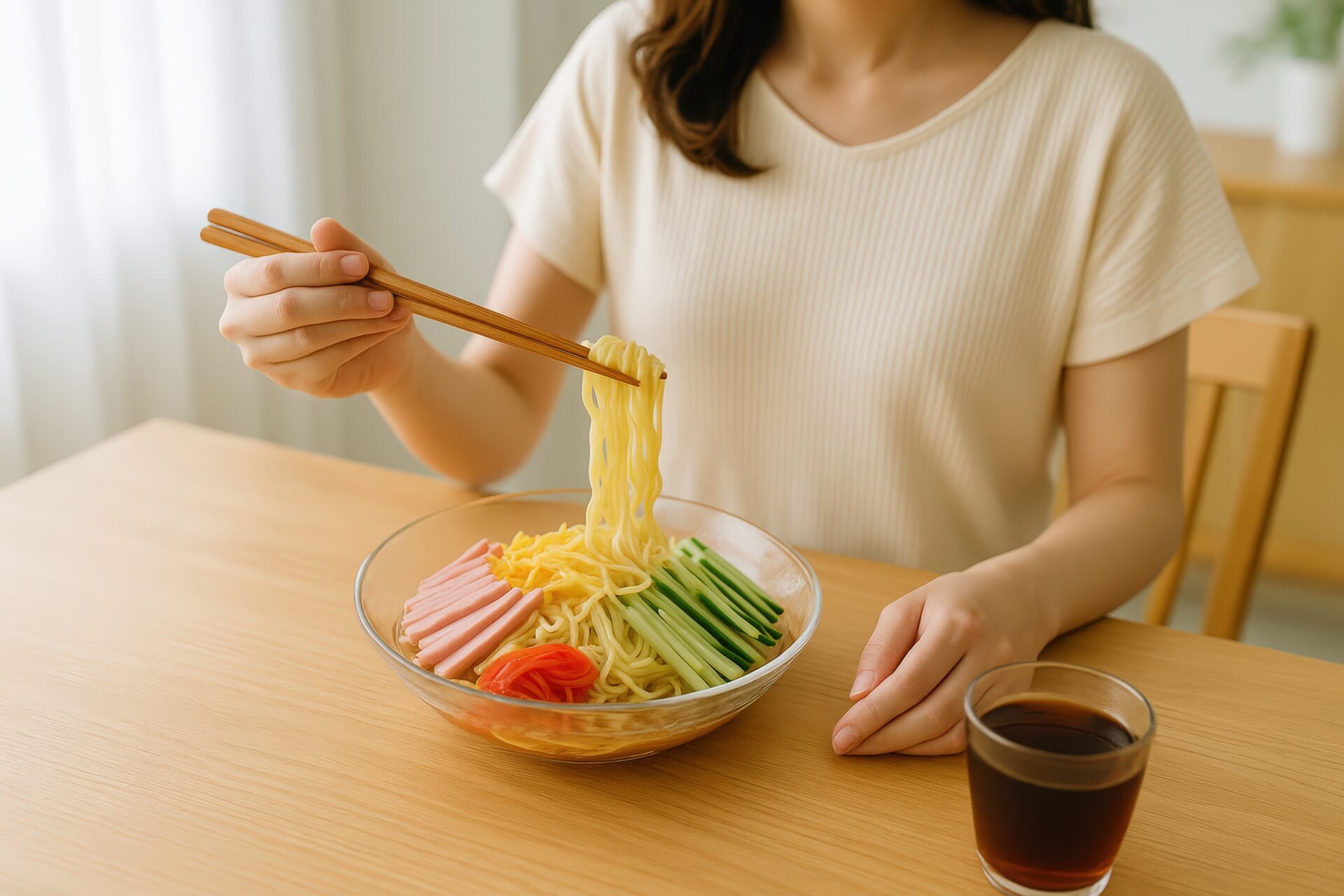 ガラスの器で冷やし中華を食べる女性の手元