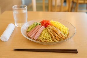 涼しげなガラス皿に盛られた冷やし中華と水のグラス