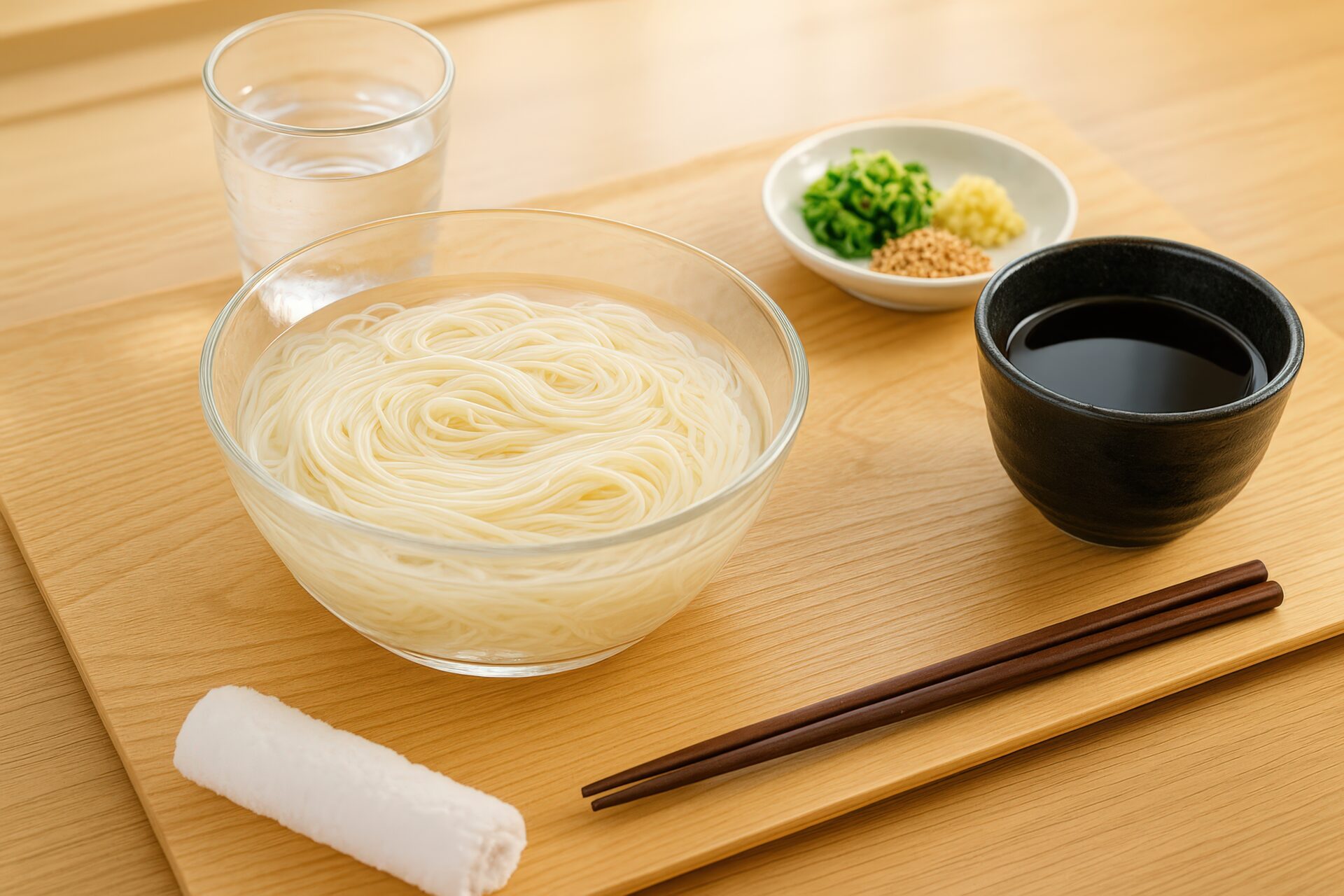 薬味とつゆが添えられた冷たいそうめんのセット