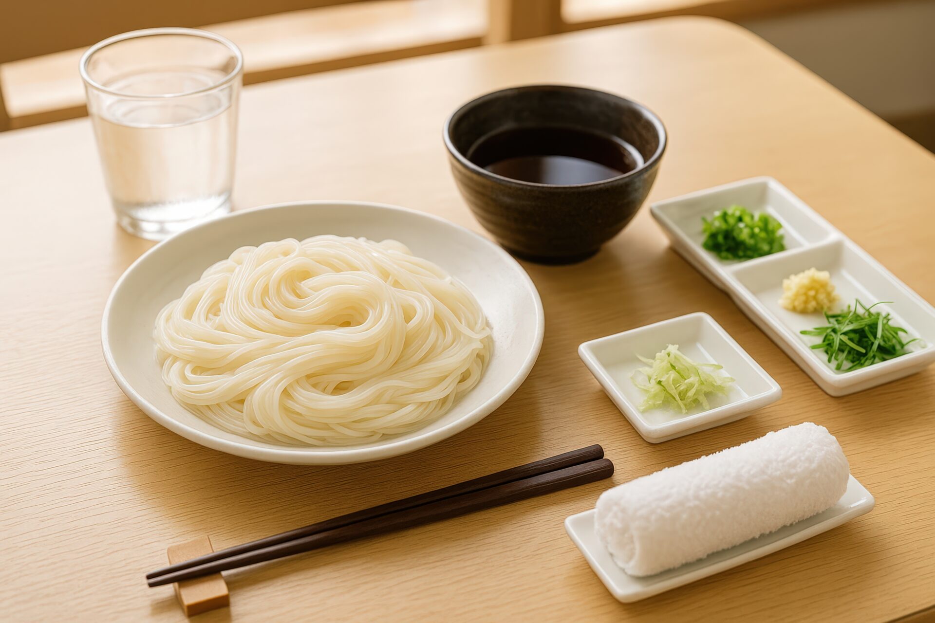 冷たいつゆと薬味で食べる白い器のそうめん