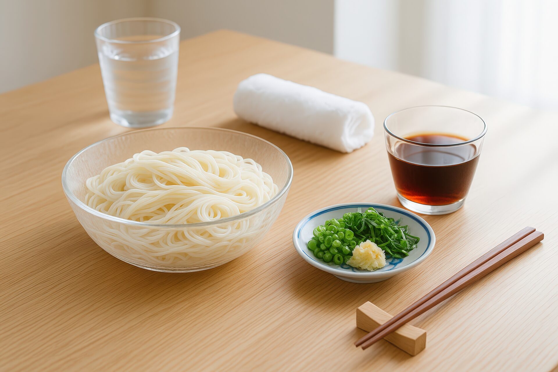 光が差し込む窓辺で食べる冷やしそうめん