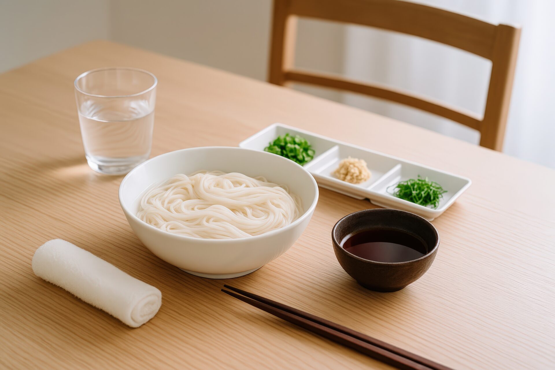 白い器に盛られたそうめんと薬味のセット