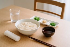 白い器に盛られたそうめんと薬味のセット