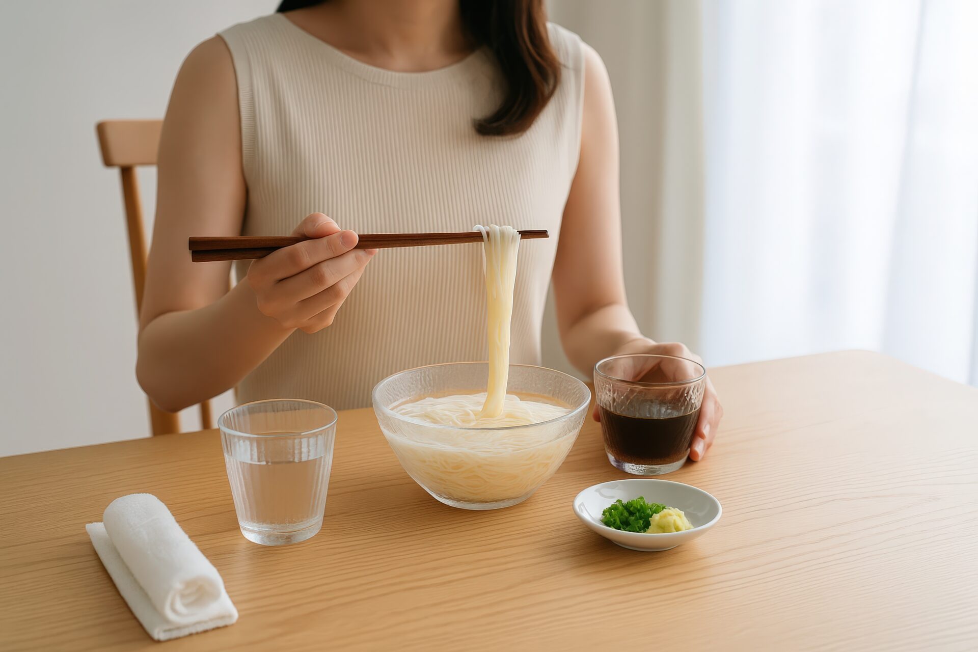 そうめんをつゆにつけて食べる若い女性