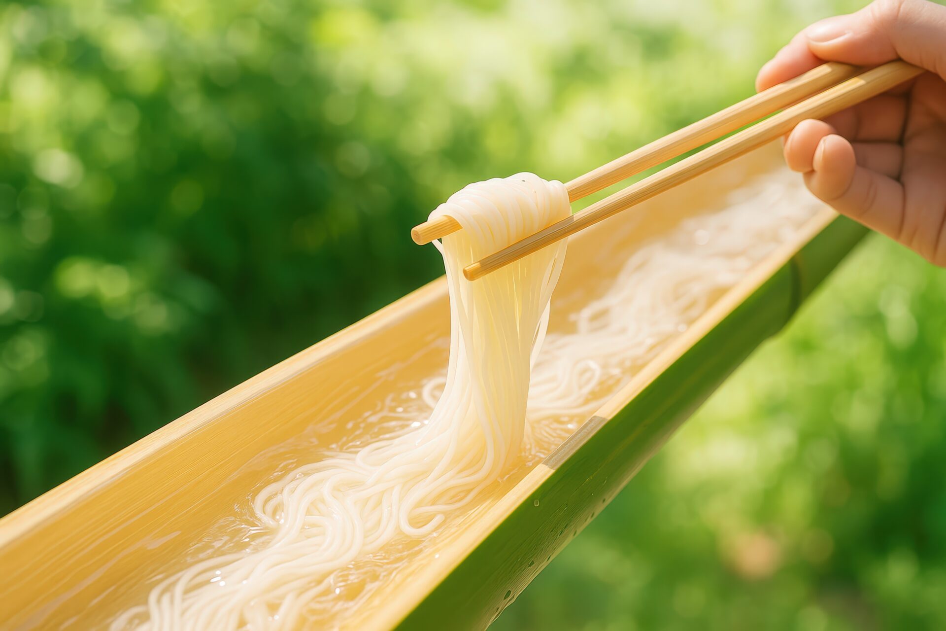 竹の樋を流れるそうめんを箸ですくう手元