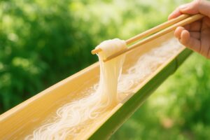 竹の樋を流れるそうめんを箸ですくう手元