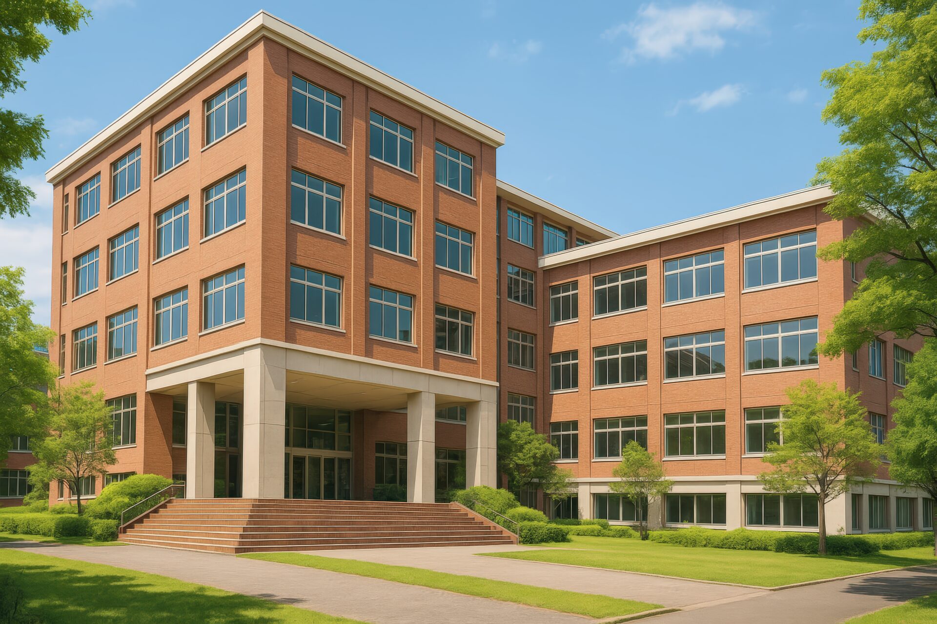 緑に囲まれた赤レンガの学校施設