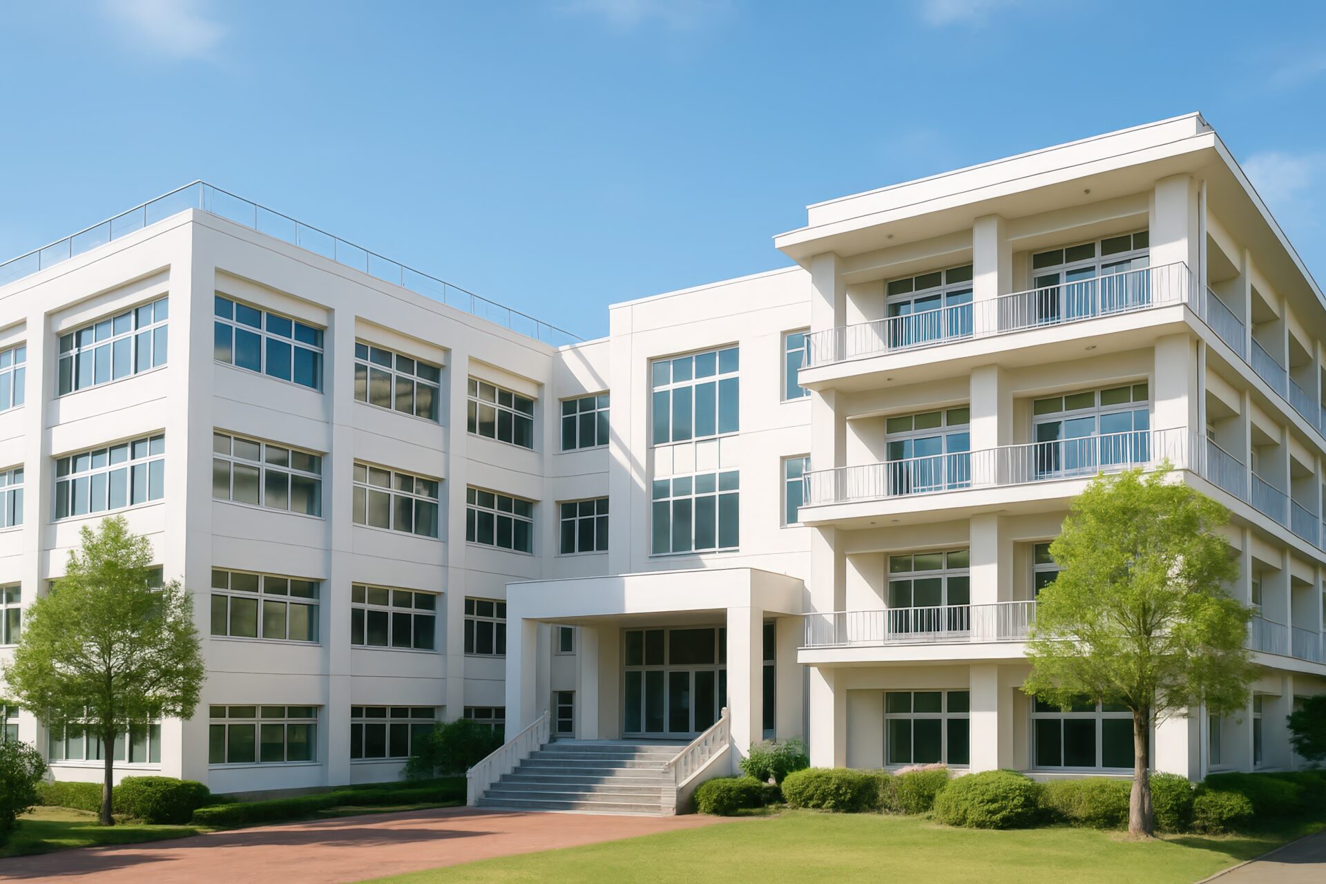 白い外壁の現代的な学校建築