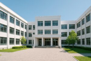 中庭のある白い校舎と整備された植栽