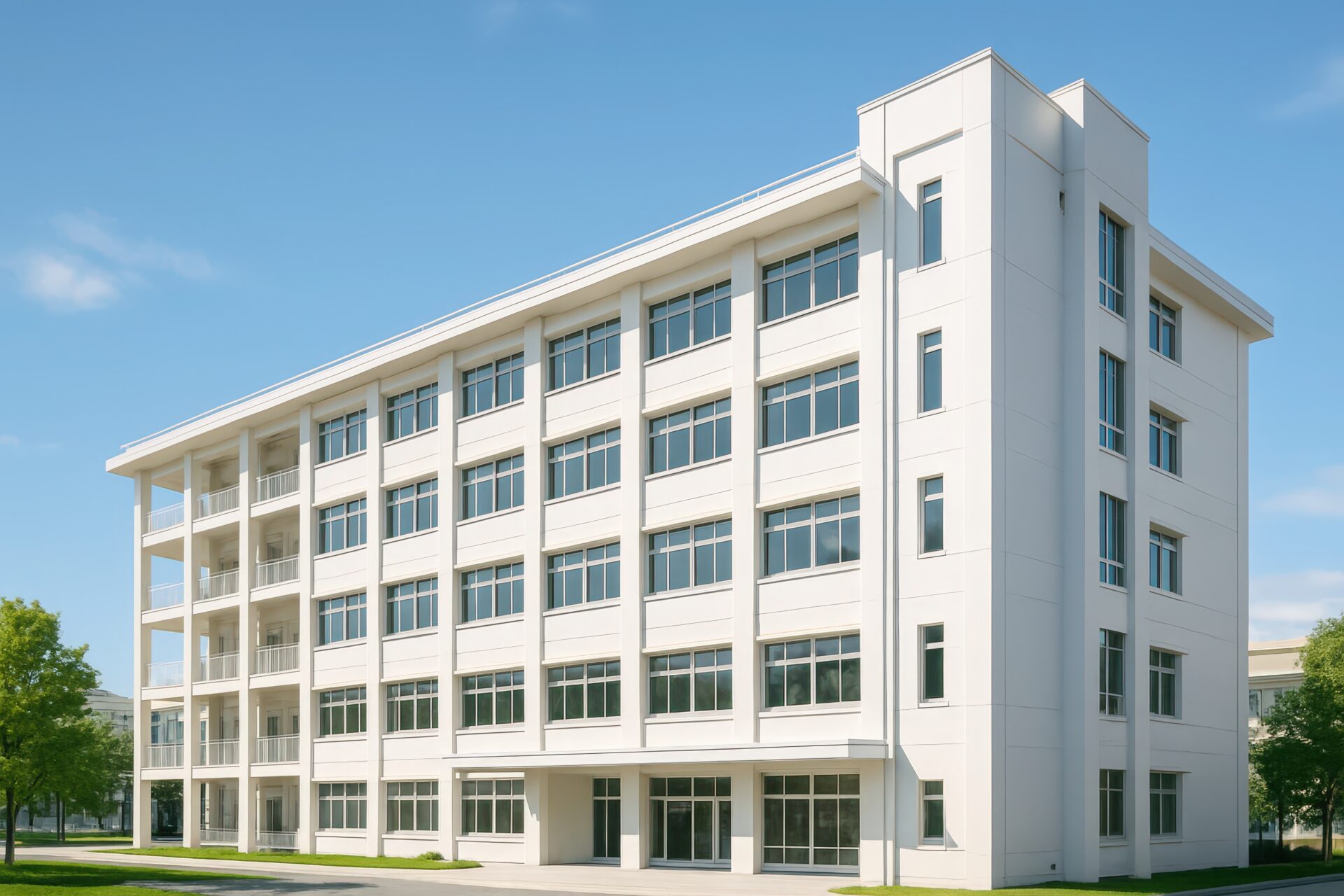 青空に映える白い外観の五階建て校舎
