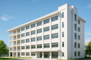 青空に映える白い外観の五階建て校舎