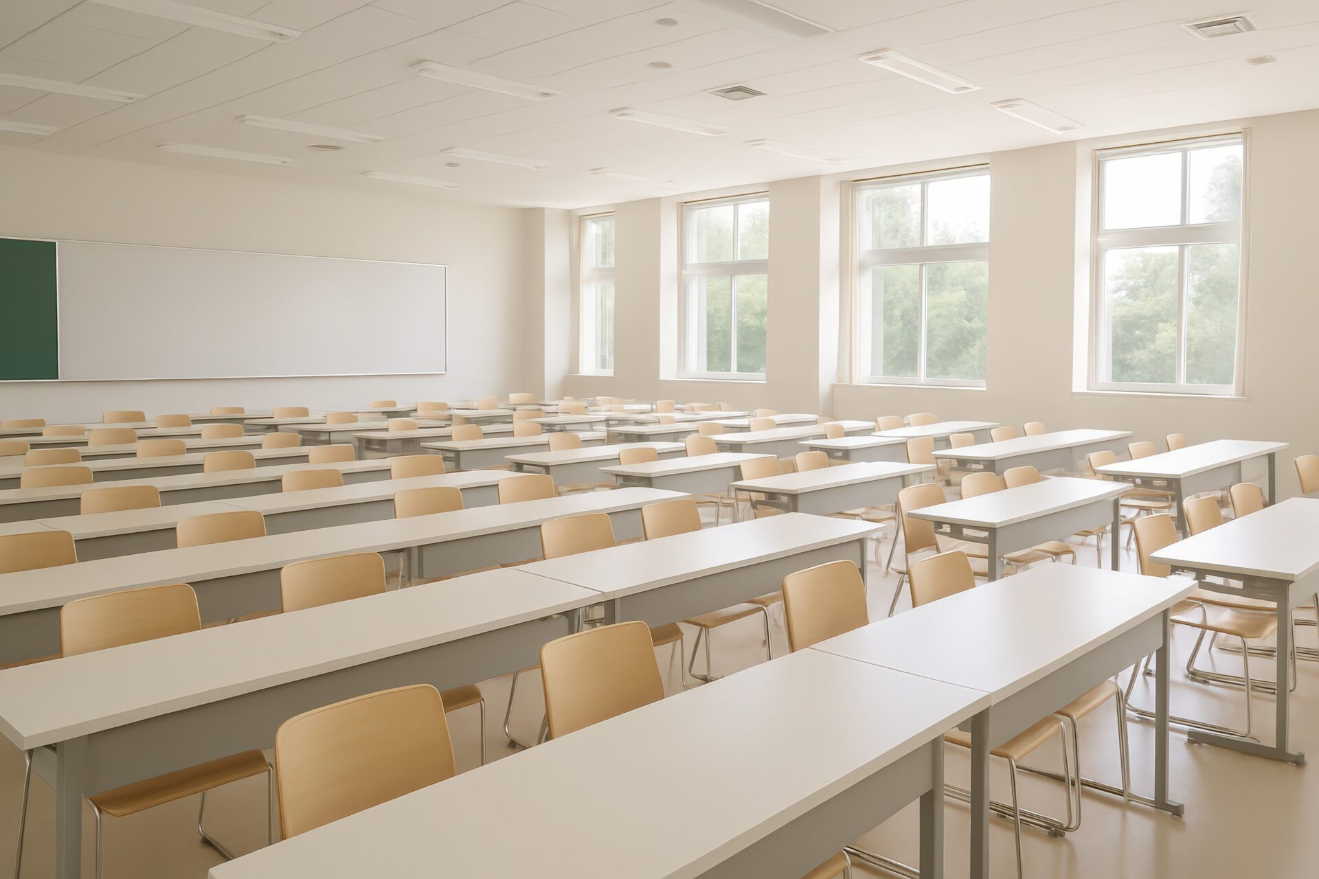 明るい窓際の大学教室と整然と並ぶ机と椅子