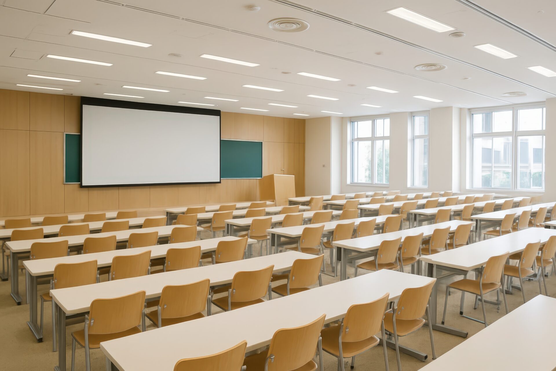 大型スクリーンのある大学の講義室