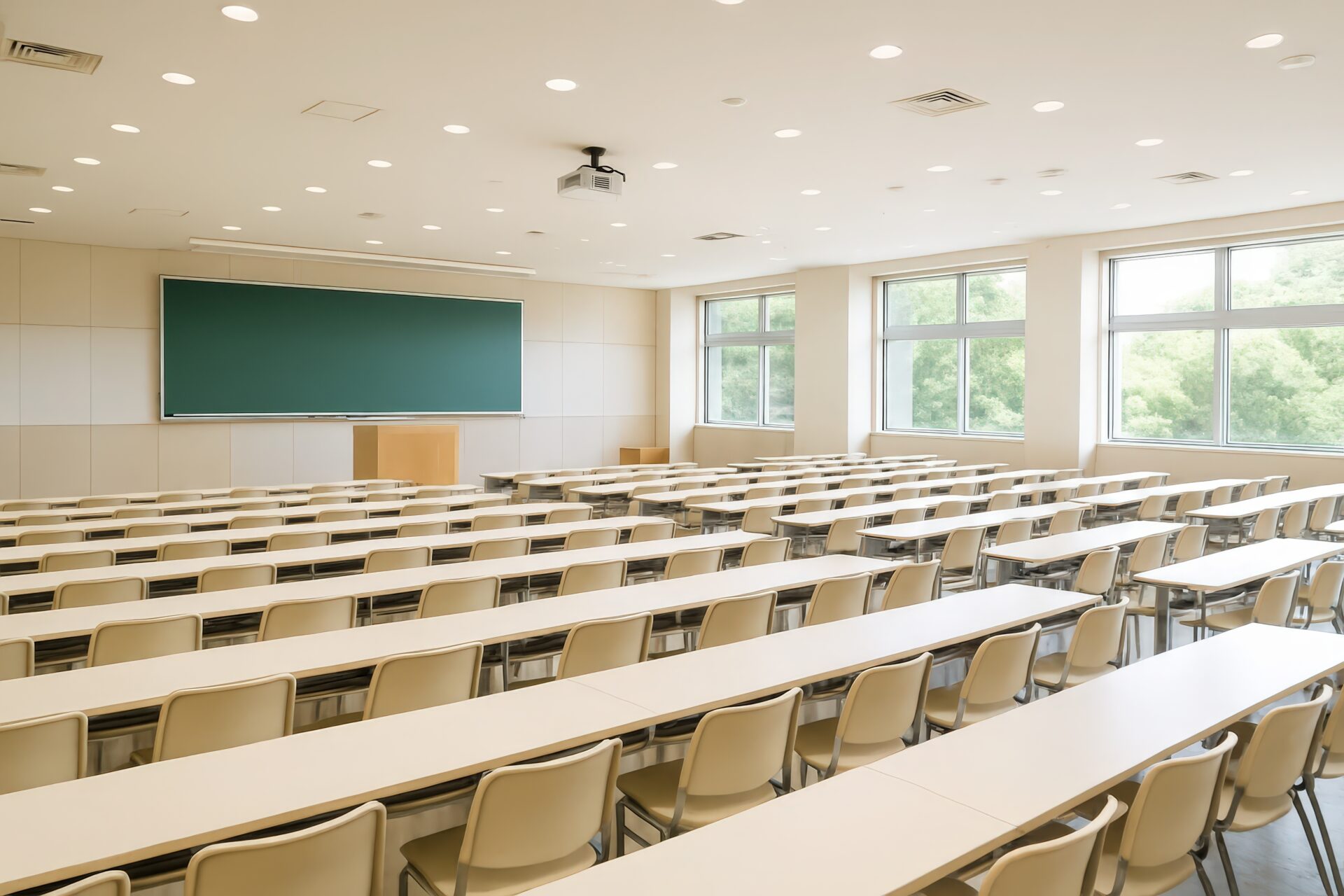 天井にプロジェクターが設置された大学の教室