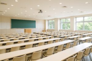 天井にプロジェクターが設置された大学の教室