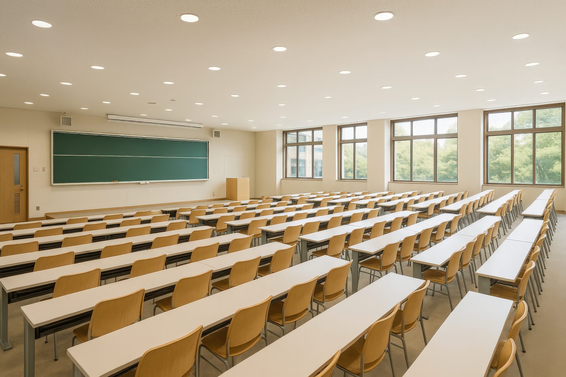大きな窓から自然光が差し込む大学の講義室