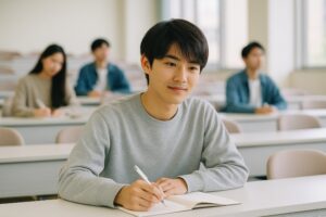 教室でノートをとる若い男性学生