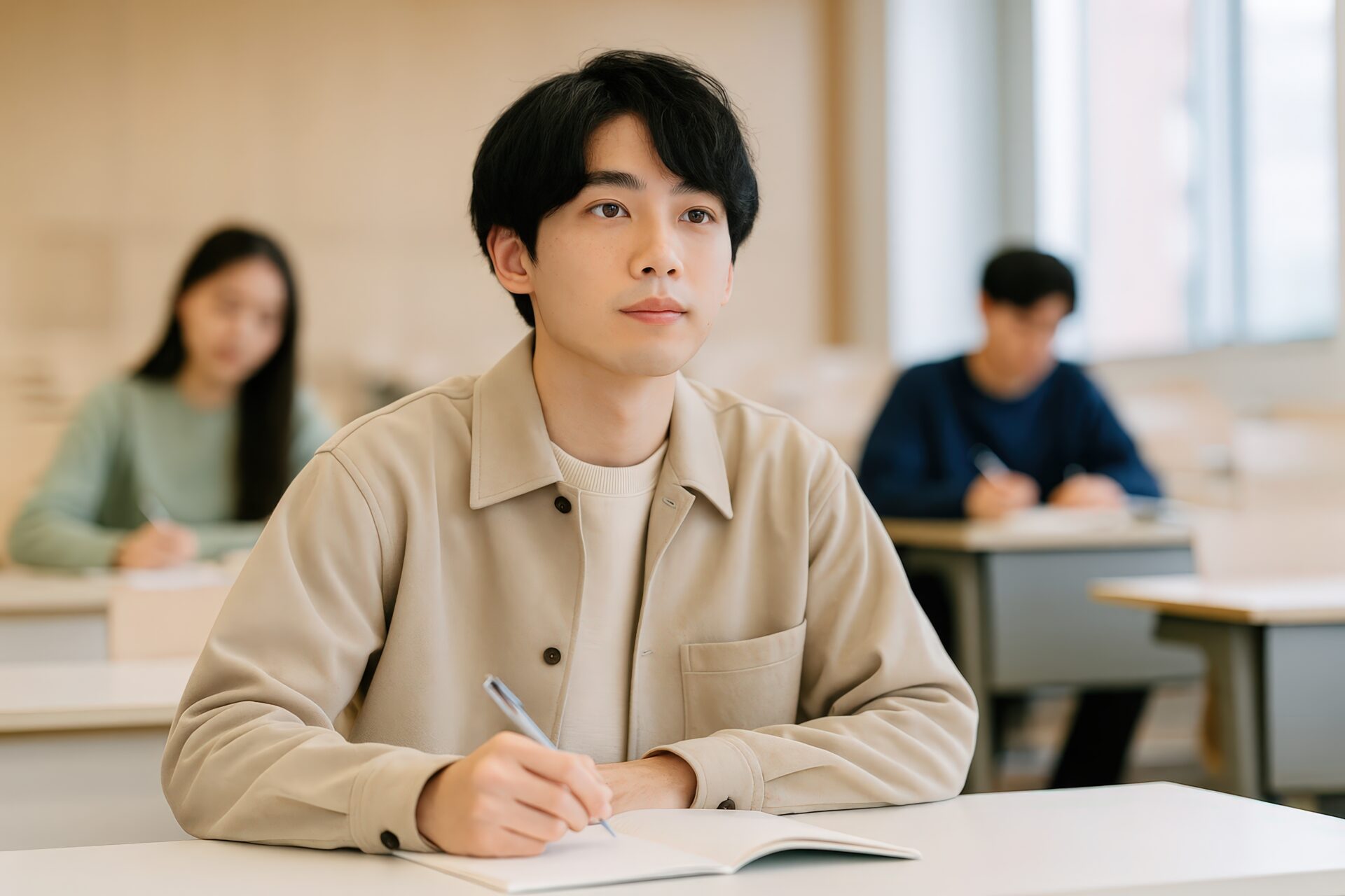 講義中に真剣な表情で前を見る男子大学生