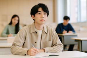 講義中に真剣な表情で前を見る男子大学生