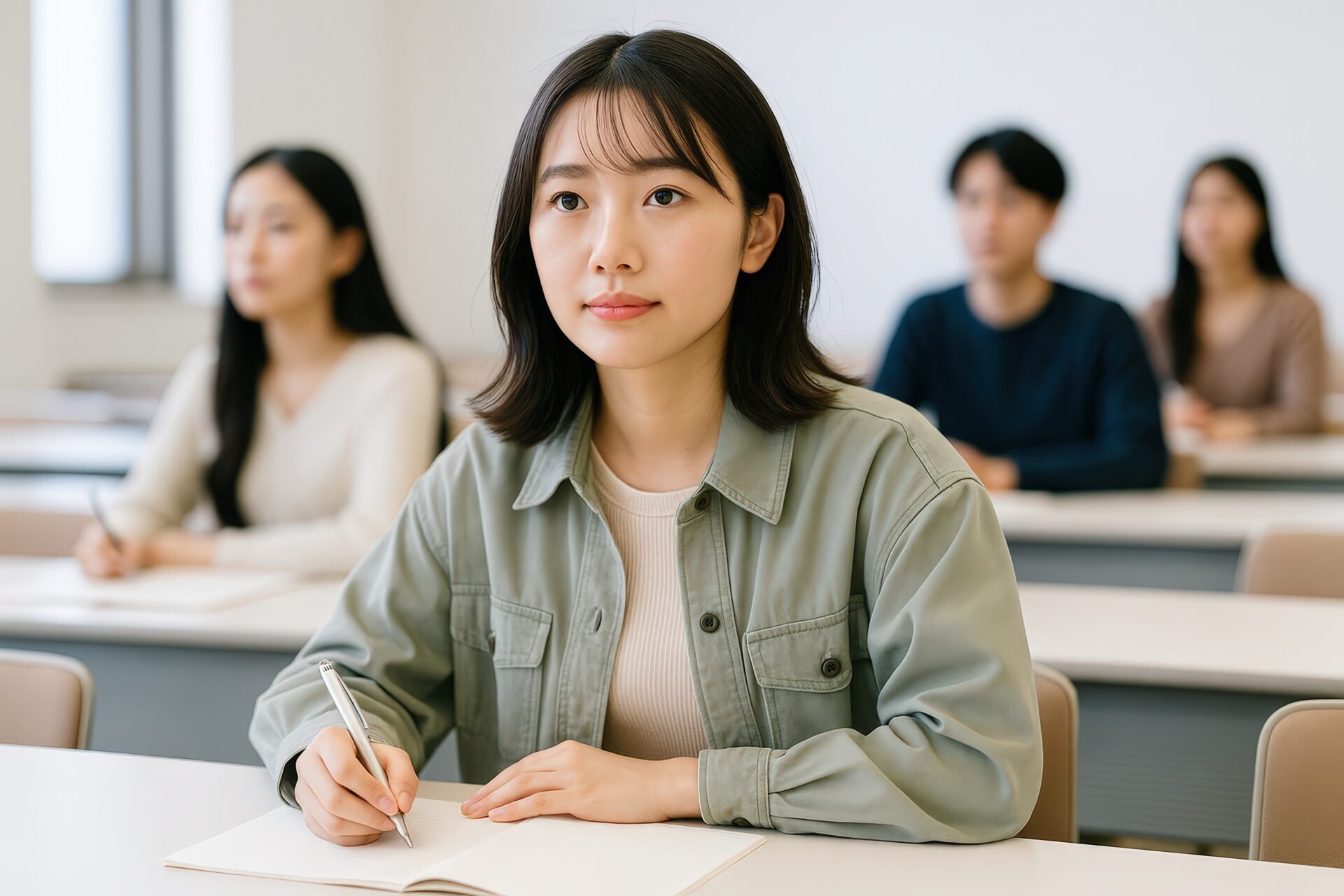 真剣な表情でノートを取る若い女性学生