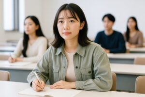 真剣な表情でノートを取る若い女性学生