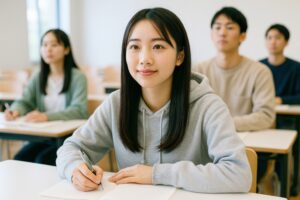 笑顔で前を見つめながら授業を受ける若い女性学生