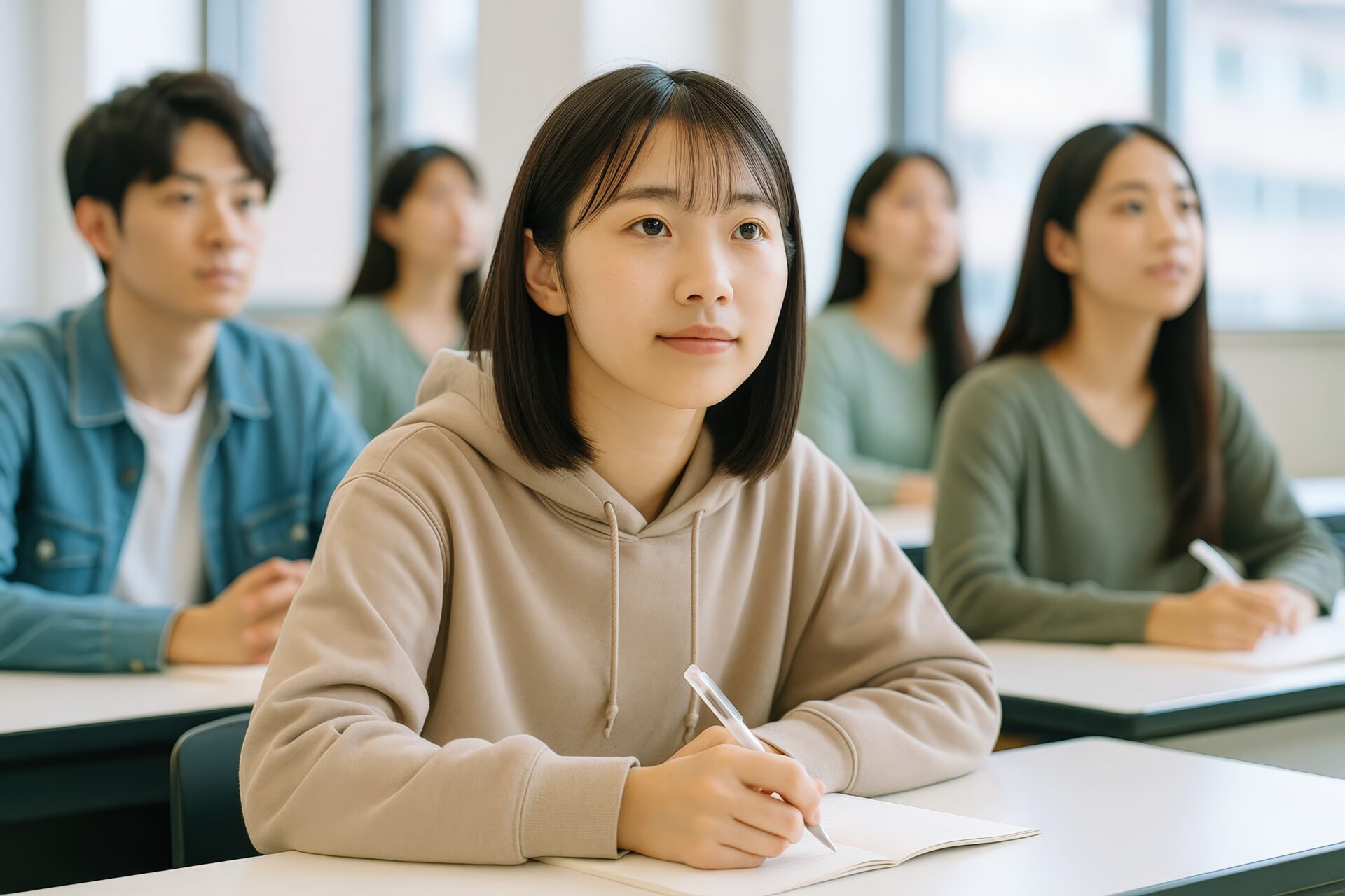 集中して講義を聞くフード付きパーカーの女子学生