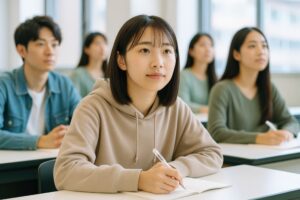 集中して講義を聞くフード付きパーカーの女子学生