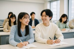 教室で隣の学生と笑顔を交わす男女学生