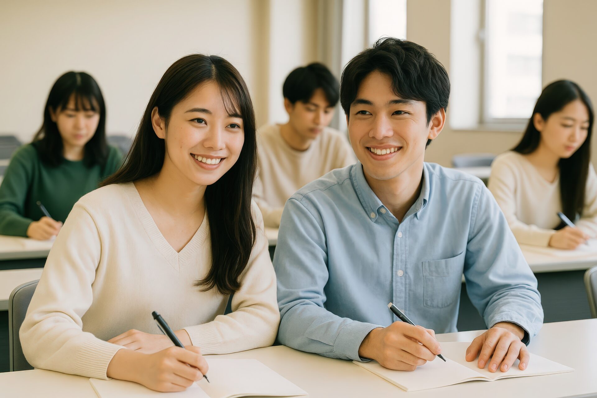 仲良く並んで授業を受ける大学生の男女
