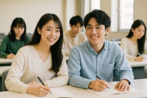 仲良く並んで授業を受ける大学生の男女