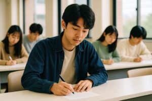 試験用紙に向かって記入する男子大学生
