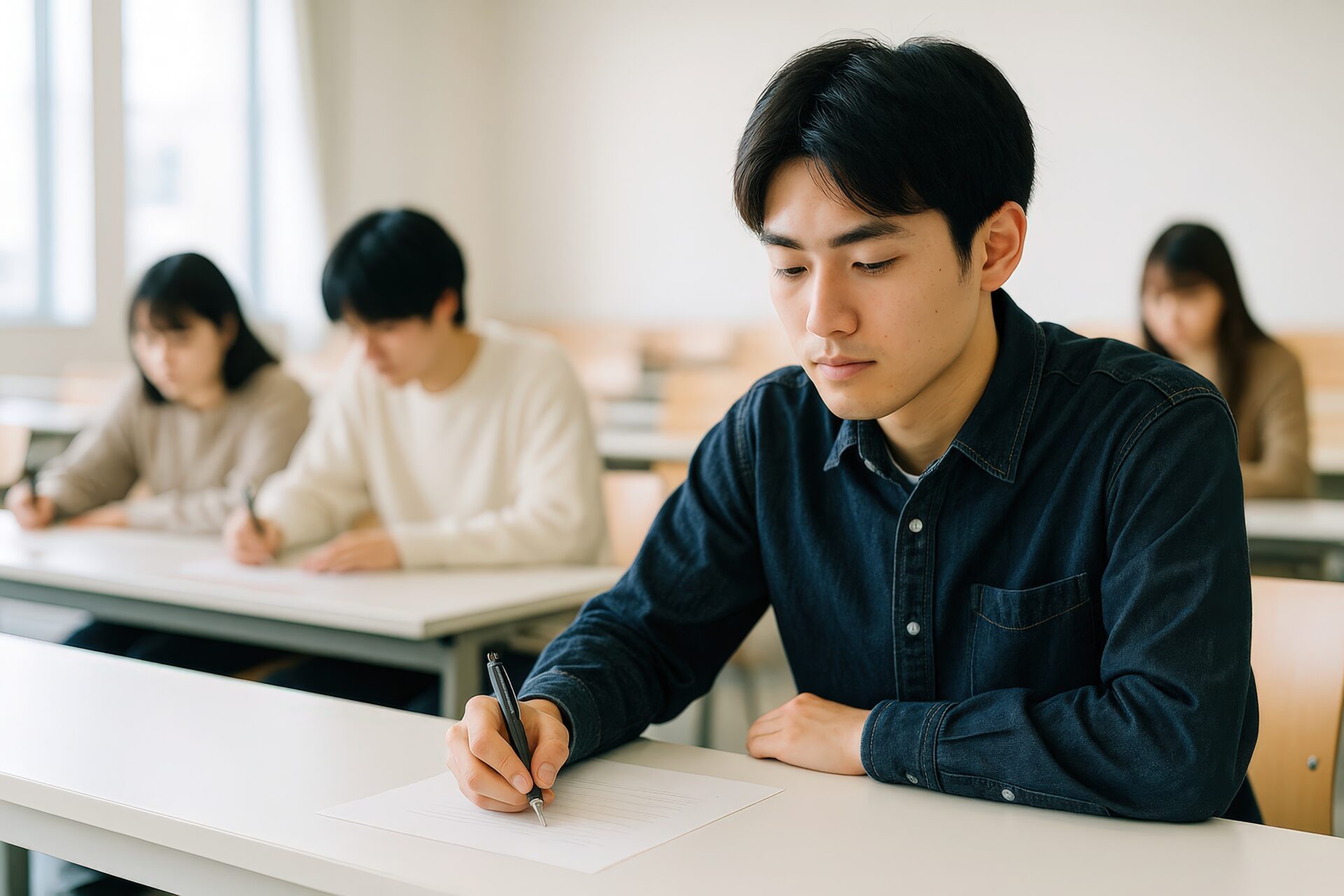 試験問題に集中するデニムシャツの男子学生