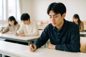 試験問題に集中するデニムシャツの男子学生