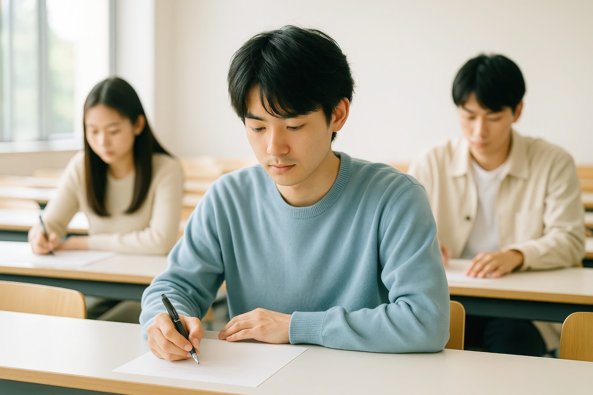答案用紙にペンを走らせる水色のセーターの男子学生