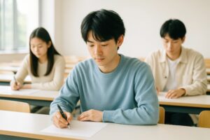 答案用紙にペンを走らせる水色のセーターの男子学生