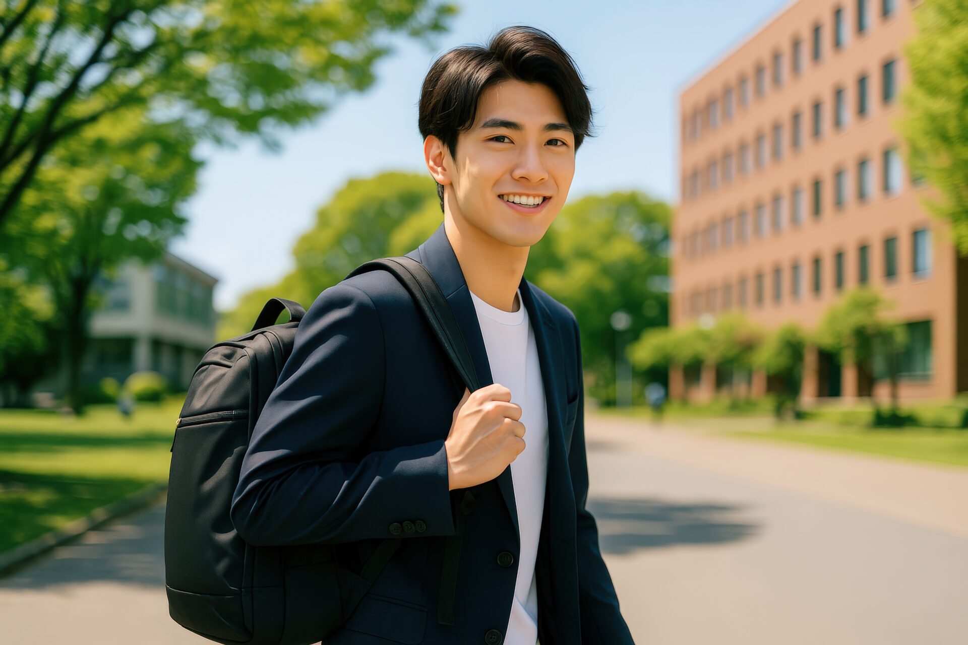 キャンパスを歩くリュック姿の男子大学生